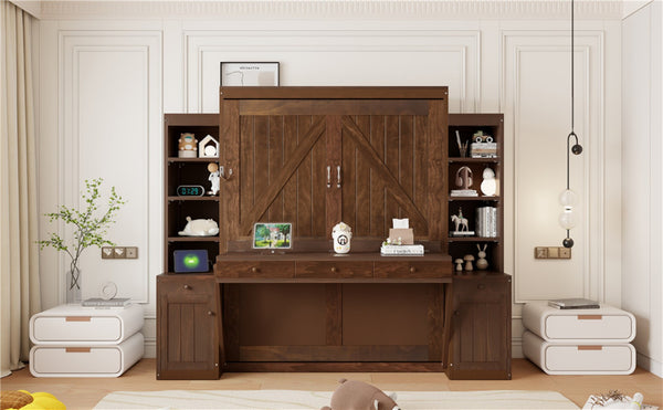 English Elm Queen Murphy Bed with Fold Down Desk Open Shelving Wood Cabinet for Studio Rooms Dark Brown LP000379AAP-1