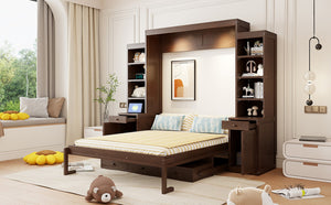 English Elm Queen Murphy Bed with Fold Down Desk Open Shelving Wood Cabinet for Studio Rooms Dark Brown LP000379AAP-1