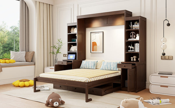 English Elm Queen Murphy Bed with Fold Down Desk Open Shelving Wood Cabinet for Studio Rooms Dark Brown LP000379AAP-1