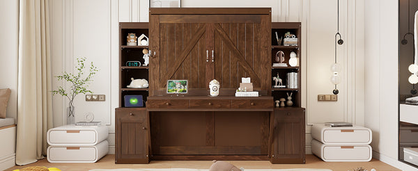 English Elm Queen Murphy Bed with Fold Down Desk Open Shelving Wood Cabinet for Studio Rooms Dark Brown LP000379AAP-1