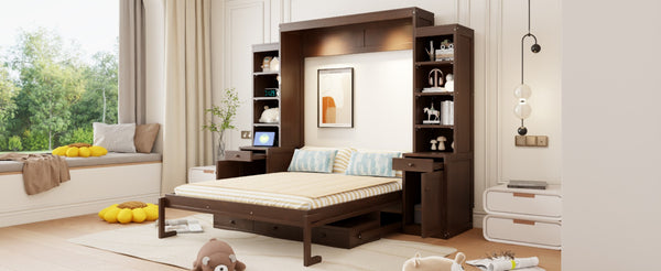 English Elm Queen Murphy Bed with Fold Down Desk Open Shelving Wood Cabinet for Studio Rooms Dark Brown LP000379AAP-1