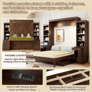 English Elm Queen Murphy Bed with Fold Down Desk Open Shelving Wood Cabinet for Studio Rooms Dark Brown LP000379AAP-1