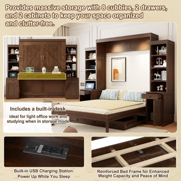 English Elm Queen Murphy Bed with Fold Down Desk Open Shelving Wood Cabinet for Studio Rooms Dark Brown LP000379AAP-1
