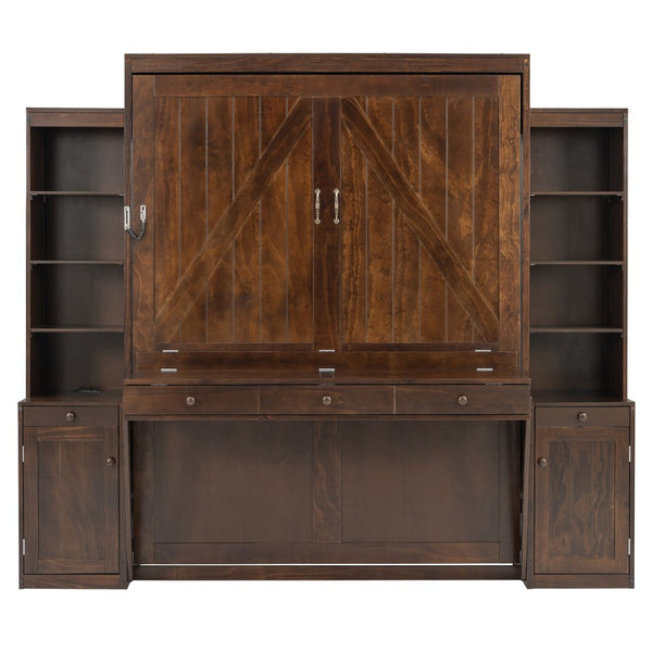 English Elm Queen Murphy Bed with Fold Down Desk Open Shelving Wood Cabinet for Studio Rooms Dark Brown LP000379AAP-1