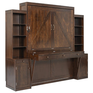 English Elm Queen Murphy Bed with Fold Down Desk Open Shelving Wood Cabinet for Studio Rooms Dark Brown LP000379AAP-1