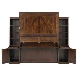 English Elm Queen Murphy Bed with Fold Down Desk Open Shelving Wood Cabinet for Studio Rooms Dark Brown LP000379AAP-1