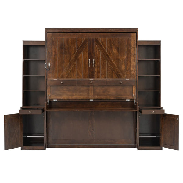English Elm Queen Murphy Bed with Fold Down Desk Open Shelving Wood Cabinet for Studio Rooms Dark Brown LP000379AAP-1