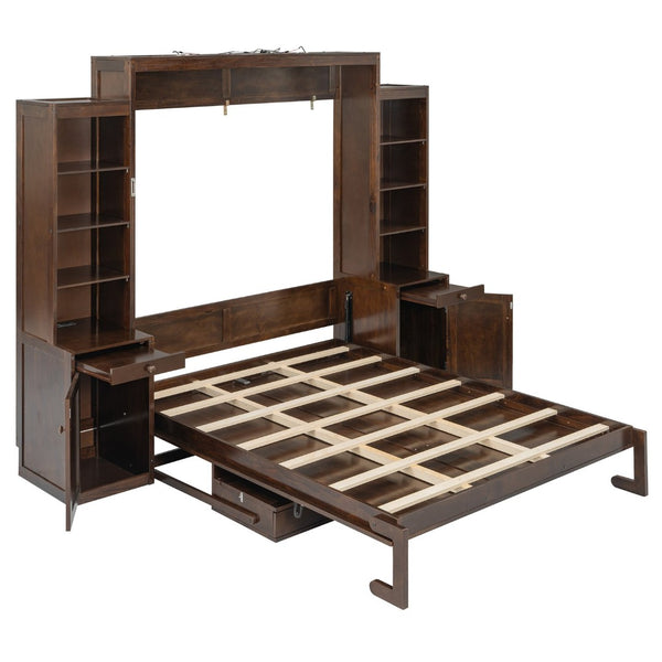 English Elm Queen Murphy Bed with Fold Down Desk Open Shelving Wood Cabinet for Studio Rooms Dark Brown LP000379AAP-1