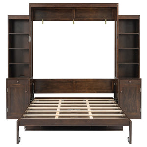 English Elm Queen Murphy Bed with Fold Down Desk Open Shelving Wood Cabinet for Studio Rooms Dark Brown LP000379AAP-1