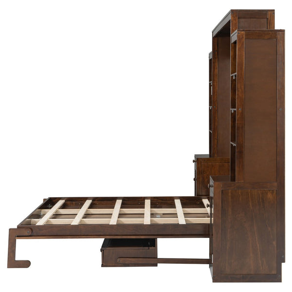 English Elm Queen Murphy Bed with Fold Down Desk Open Shelving Wood Cabinet for Studio Rooms Dark Brown LP000379AAP-1