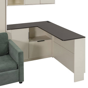 English Elm Queen Murphy Bed with Velvet Sofa Hydraulic Lift Shelves Drawers and Led Studio Unit Cream LP000392AAA-1