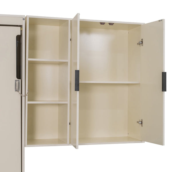 English Elm Queen Murphy Bed with Velvet Sofa Hydraulic Lift Shelves Drawers and Led Studio Unit Cream LP000392AAA-1