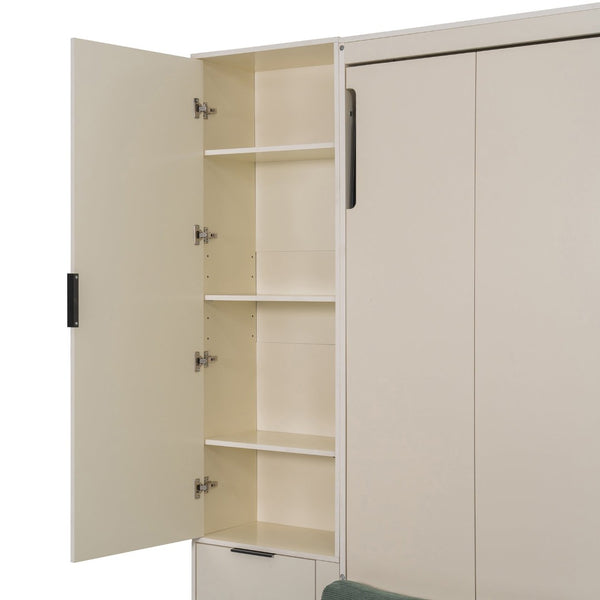 English Elm Queen Murphy Bed with Velvet Sofa Hydraulic Lift Shelves Drawers and Led Studio Unit Cream LP000392AAA-1