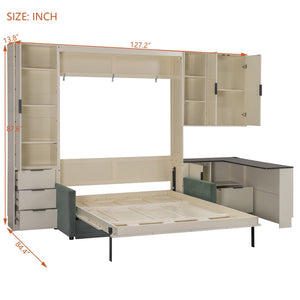 English Elm Queen Murphy Bed with Velvet Sofa Hydraulic Lift Shelves Drawers and Led Studio Unit Cream LP000392AAA-1