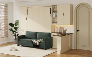 English Elm Queen Murphy Bed with Velvet Sofa Hydraulic Lift Shelves Drawers and Led Studio Unit Cream LP000392AAA-1