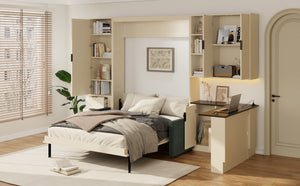 English Elm Queen Murphy Bed with Velvet Sofa Hydraulic Lift Shelves Drawers and Led Studio Unit Cream LP000392AAA-1