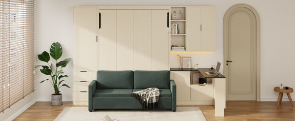 English Elm Queen Murphy Bed with Velvet Sofa Hydraulic Lift Shelves Drawers and Led Studio Unit Cream LP000392AAA-1