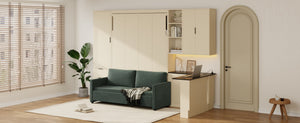 English Elm Queen Murphy Bed with Velvet Sofa Hydraulic Lift Shelves Drawers and Led Studio Unit Cream LP000392AAA-1