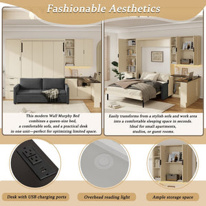 English Elm Queen Murphy Bed with Velvet Sofa Hydraulic Lift Shelves Drawers and Led Studio Unit Cream LP000392AAA-1