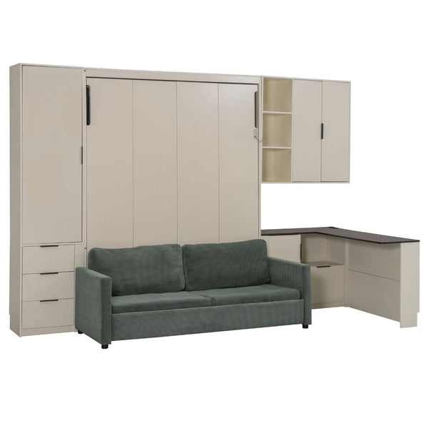 English Elm Queen Murphy Bed with Velvet Sofa Hydraulic Lift Shelves Drawers and Led Studio Unit Cream LP000392AAA-1