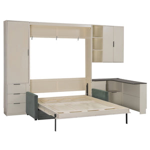 English Elm Queen Murphy Bed with Velvet Sofa Hydraulic Lift Shelves Drawers and Led Studio Unit Cream LP000392AAA-1