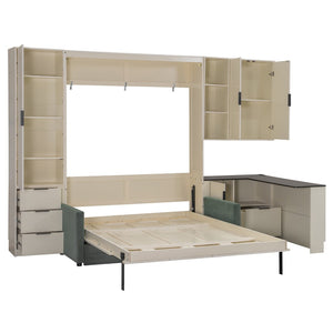 English Elm Queen Murphy Bed with Velvet Sofa Hydraulic Lift Shelves Drawers and Led Studio Unit Cream LP000392AAA-1