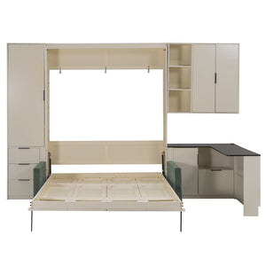 English Elm Queen Murphy Bed with Velvet Sofa Hydraulic Lift Shelves Drawers and Led Studio Unit Cream LP000392AAA-1