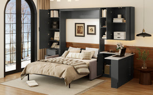 English Elm Queen Murphy Bed with Velvet Sofa Hydraulic Lift Shelves Drawers and Led Studio Unit Dark Gray LP000392AAE-1