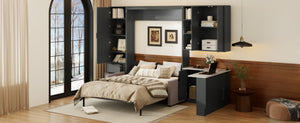English Elm Queen Murphy Bed with Velvet Sofa Hydraulic Lift Shelves Drawers and Led Studio Unit Dark Gray LP000392AAE-1