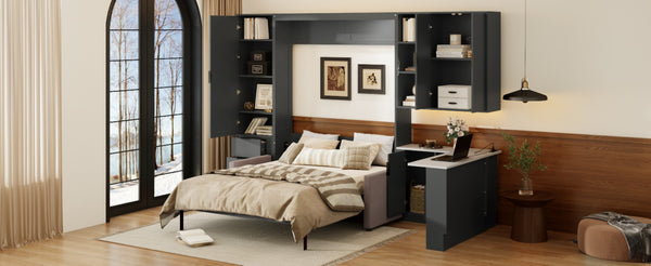 English Elm Queen Murphy Bed with Velvet Sofa Hydraulic Lift Shelves Drawers and Led Studio Unit Dark Gray LP000392AAE-1