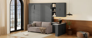 English Elm Queen Murphy Bed with Velvet Sofa Hydraulic Lift Shelves Drawers and Led Studio Unit Dark Gray LP000392AAE-1