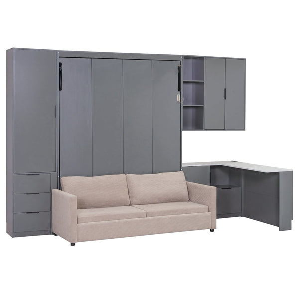 English Elm Queen Murphy Bed with Velvet Sofa Hydraulic Lift Shelves Drawers and Led Studio Unit Dark Gray LP000392AAE-1