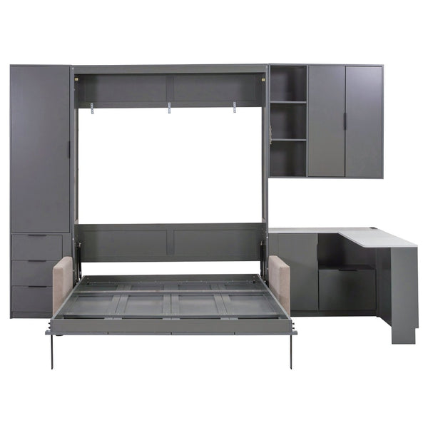 English Elm Queen Murphy Bed with Velvet Sofa Hydraulic Lift Shelves Drawers and Led Studio Unit Dark Gray LP000392AAE-1
