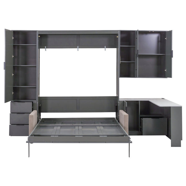 English Elm Queen Murphy Bed with Velvet Sofa Hydraulic Lift Shelves Drawers and Led Studio Unit Dark Gray LP000392AAE-1