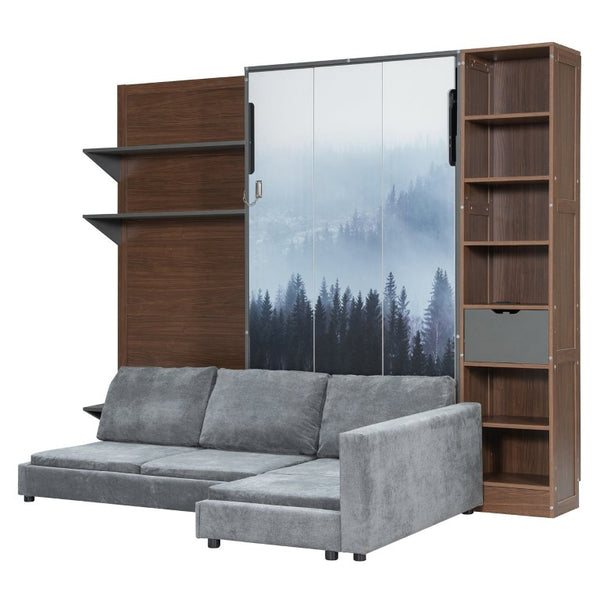 English Elm Queen Murphy Wall Bed with Integrated Shelves for Studio and Guest Room Use Gray 83.9 L x 103 W x 83.9 H LP000398AAE