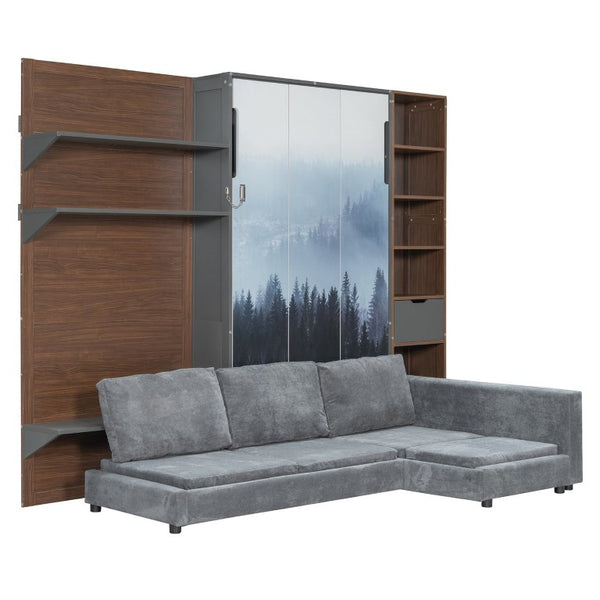 English Elm Queen Murphy Wall Bed with Integrated Shelves for Studio and Guest Room Use Gray 83.9 L x 103 W x 83.9 H LP000398AAE
