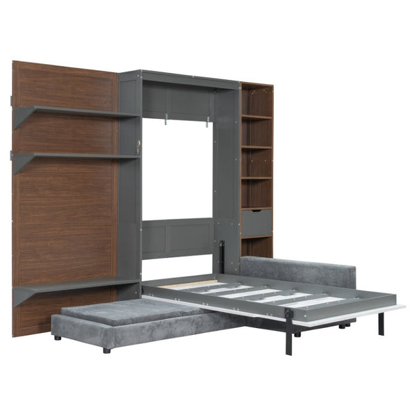 English Elm Queen Murphy Wall Bed with Integrated Shelves for Studio and Guest Room Use Gray 83.9 L x 103 W x 83.9 H LP000398AAE