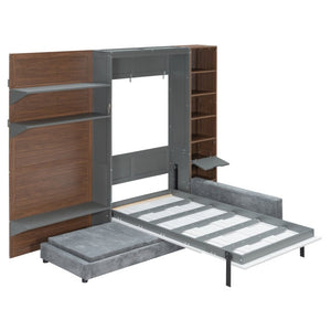 English Elm Queen Murphy Wall Bed with Integrated Shelves for Studio and Guest Room Use Gray 83.9 L x 103 W x 83.9 H LP000398AAE