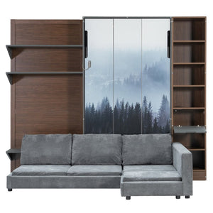 English Elm Queen Murphy Wall Bed with Integrated Shelves for Studio and Guest Room Use Gray 83.9 L x 103 W x 83.9 H LP000398AAE