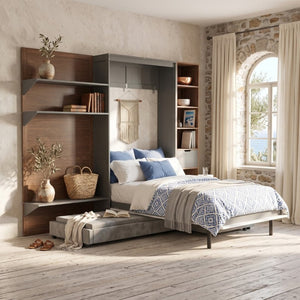 English Elm Queen Murphy Wall Bed with Integrated Shelves for Studio and Guest Room Use Gray 83.9 L x 103 W x 83.9 H LP000398AAE