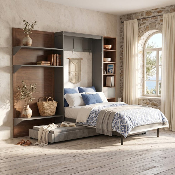 English Elm Queen Murphy Wall Bed with Integrated Shelves for Studio and Guest Room Use Gray 83.9 L x 103 W x 83.9 H LP000398AAE