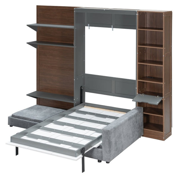 English Elm Queen Murphy Wall Bed with Integrated Shelves for Studio and Guest Room Use Gray 83.9 L x 103 W x 83.9 H LP000398AAE