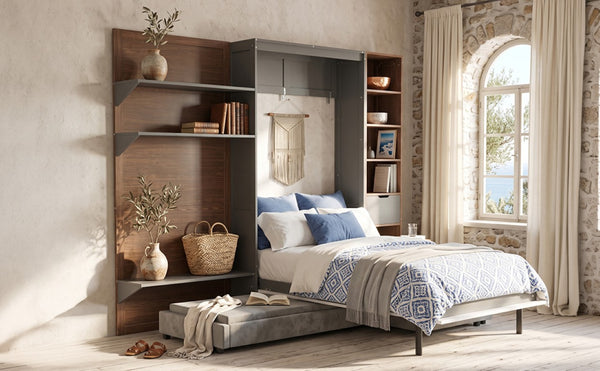 English Elm Queen Murphy Wall Bed with Integrated Shelves for Studio and Guest Room Use Gray 83.9 L x 103 W x 83.9 H LP000398AAE
