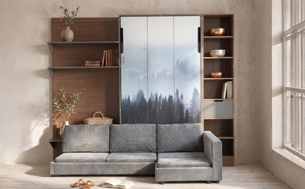 English Elm Queen Murphy Wall Bed with Integrated Shelves for Studio and Guest Room Use Gray 83.9 L x 103 W x 83.9 H LP000398AAE