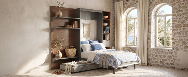 English Elm Queen Murphy Wall Bed with Integrated Shelves for Studio and Guest Room Use Gray 83.9 L x 103 W x 83.9 H LP000398AAE
