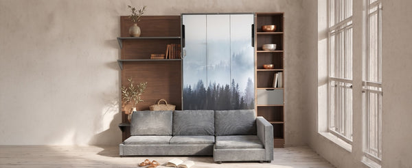English Elm Queen Murphy Wall Bed with Integrated Shelves for Studio and Guest Room Use Gray 83.9 L x 103 W x 83.9 H LP000398AAE