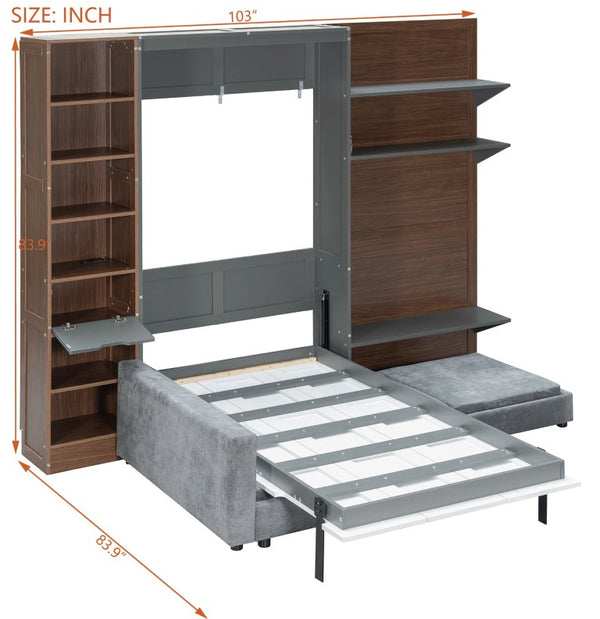 English Elm Queen Murphy Wall Bed with Integrated Shelves for Studio and Guest Room Use Gray 83.9 L x 103 W x 83.9 H LP000398AAE