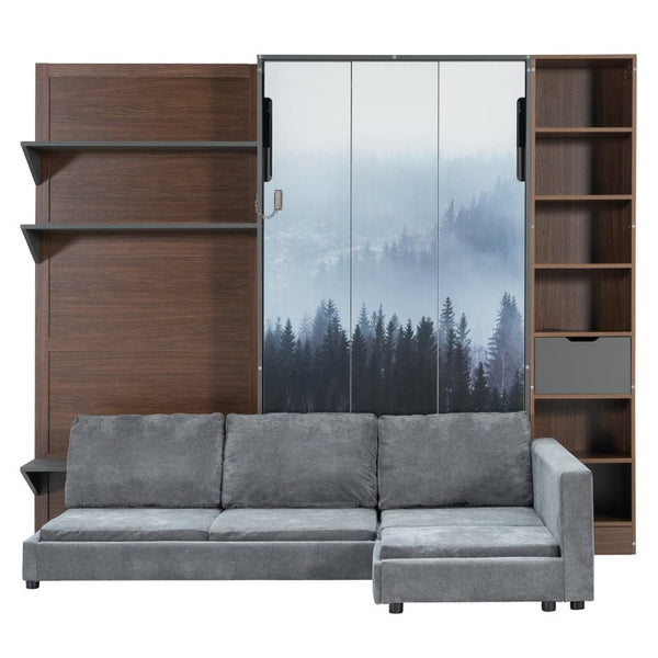 English Elm Queen Murphy Wall Bed with Integrated Shelves for Studio and Guest Room Use Gray 83.9 L x 103 W x 83.9 H LP000398AAE