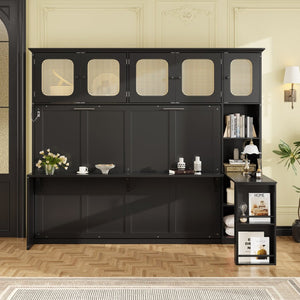 English Elm Full Murphy Bed with Faux Rattan Cabinets and Integrated Desk for Home Office Black LP000413AAB