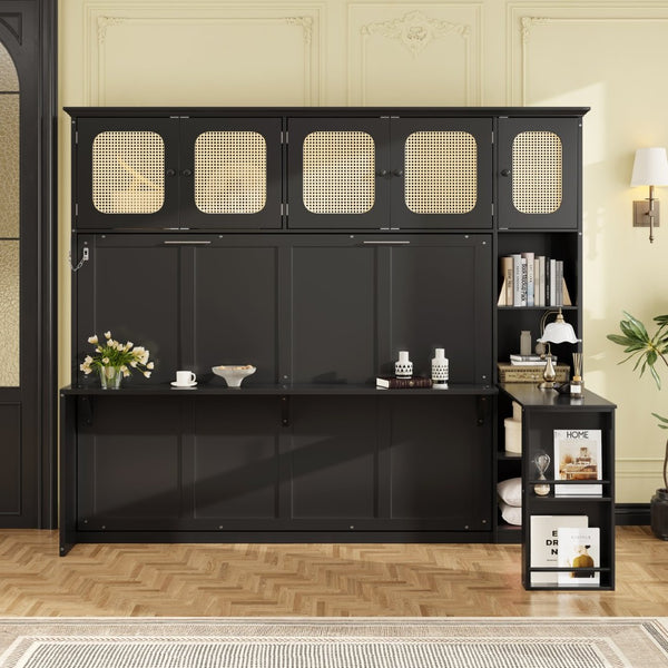 English Elm Full Murphy Bed with Faux Rattan Cabinets and Integrated Desk for Home Office Black LP000413AAB